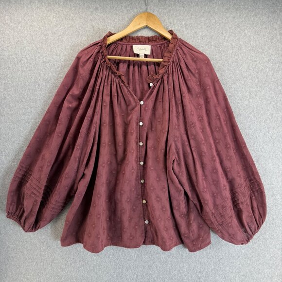 Cleobella Womens Burgundy Red‎ Ruffled Button Front Blouse Top Cotton Size 2X - Picture 1 of 16